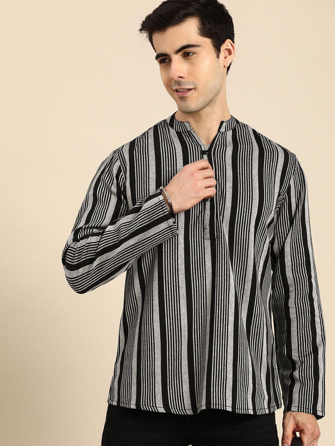 anouk men black striped kurta