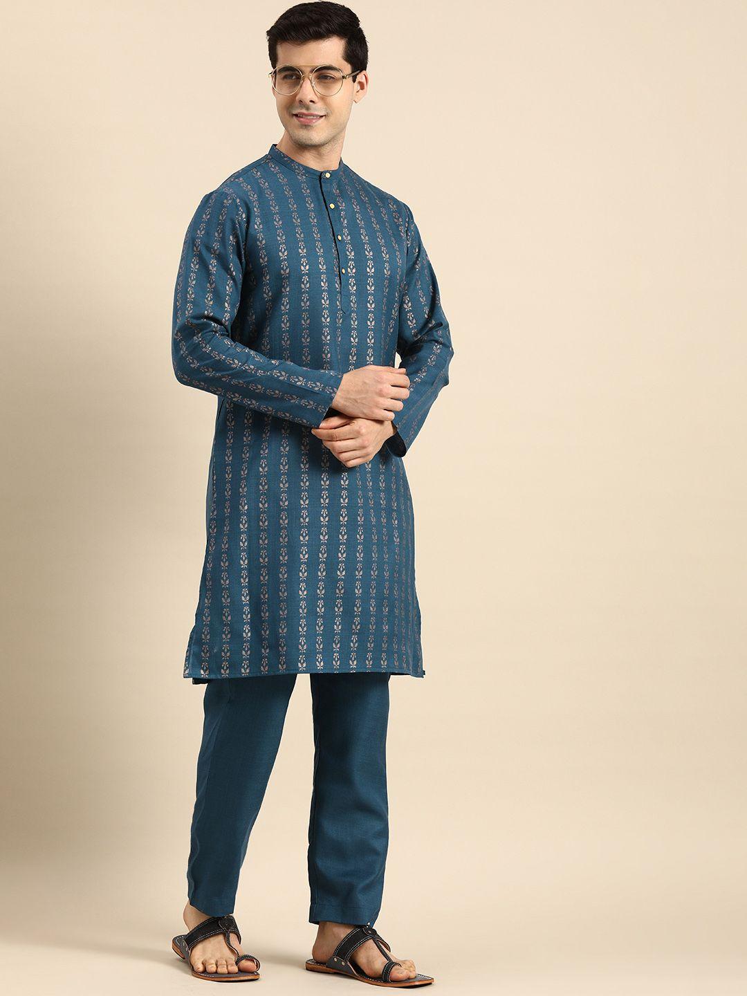 anouk men blue & gold floral embroidered kurta with solid trousers