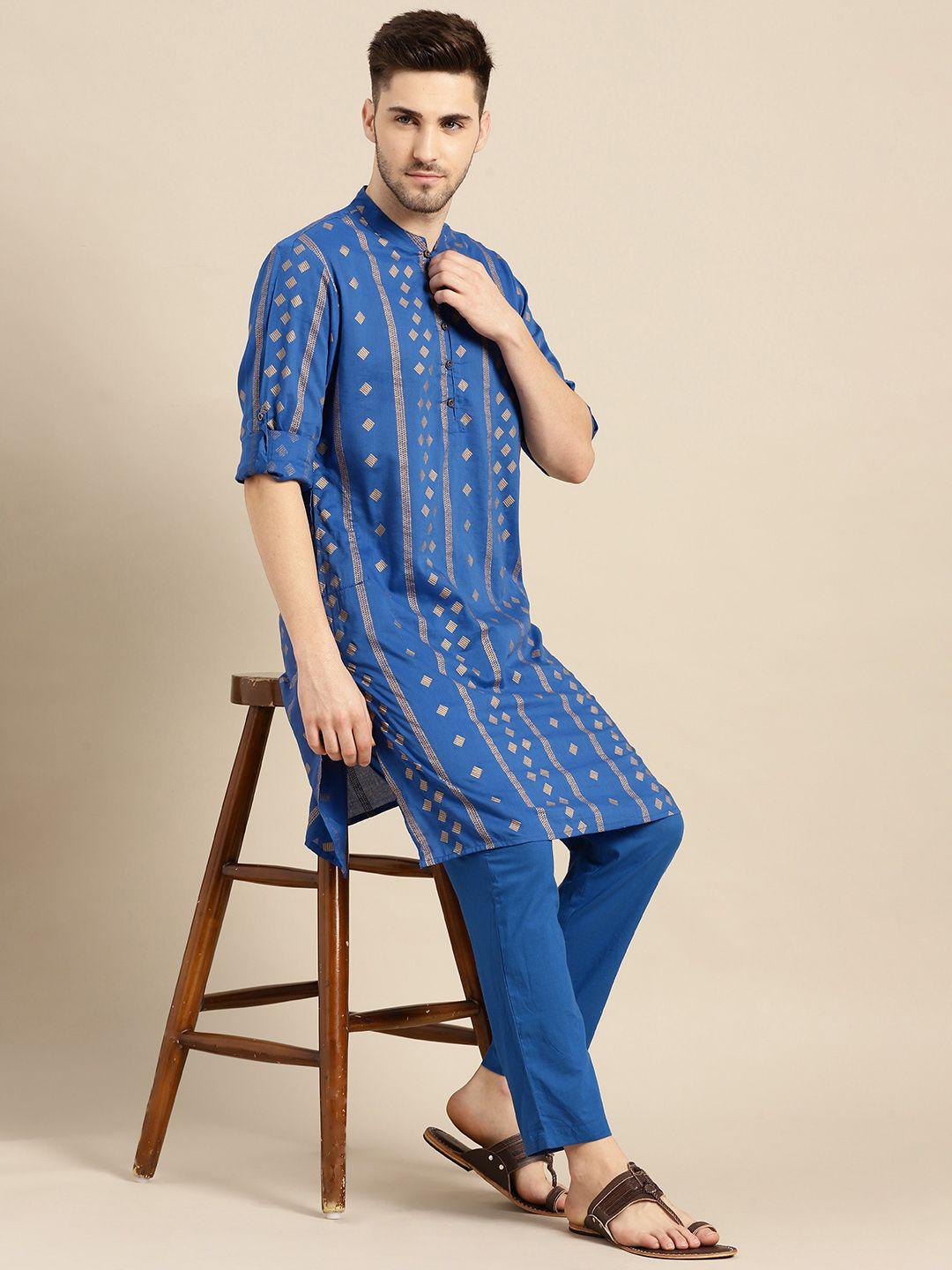 anouk men blue & golden motifs printed pure cotton kurta with trousers