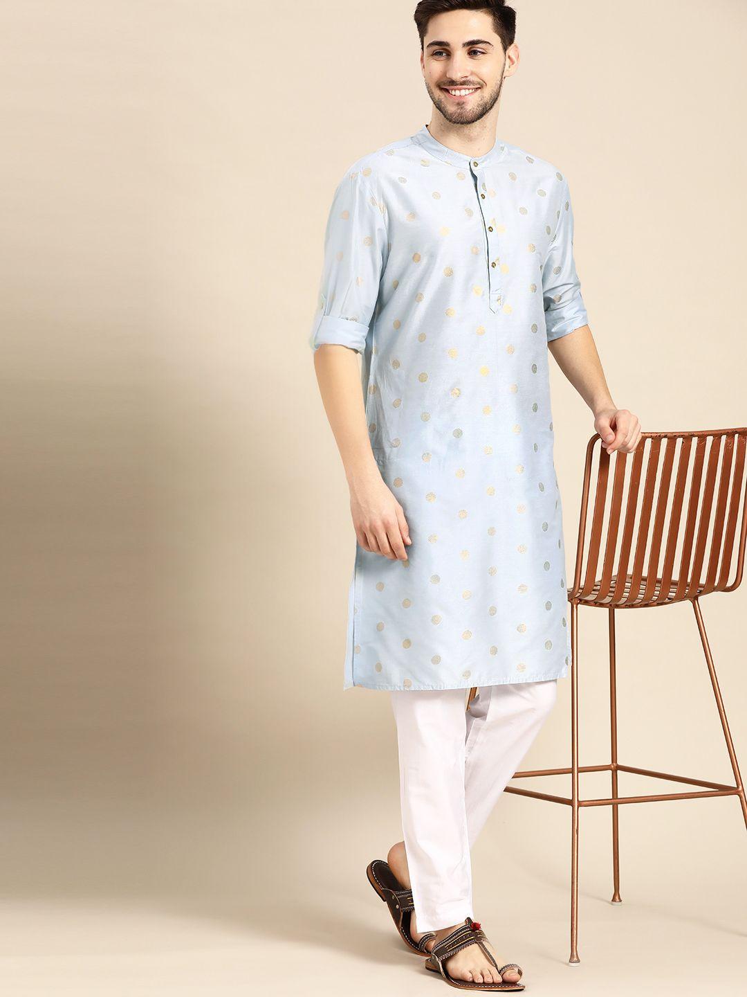anouk men blue & golden printed regular kurta with pyjamas