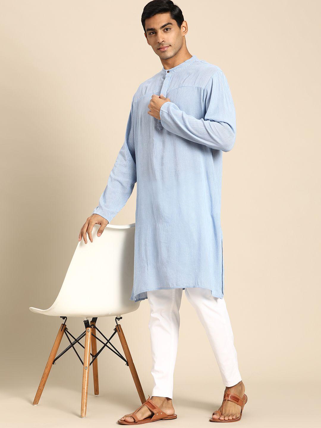 anouk men blue & white striped kurta