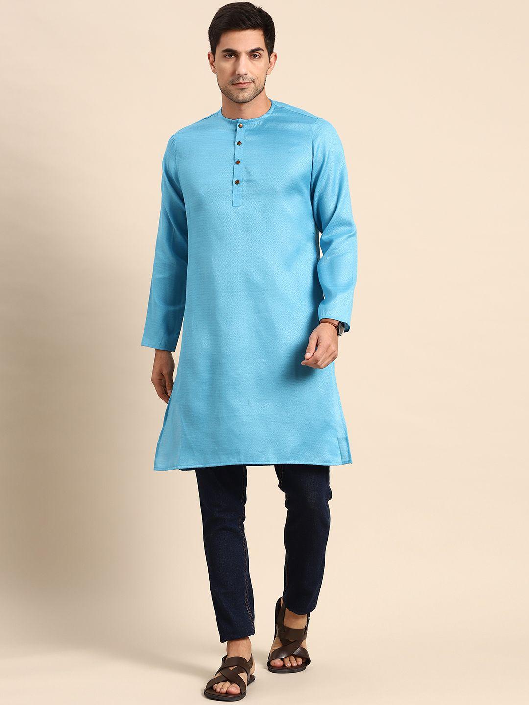 anouk men blue cotton silk kurta