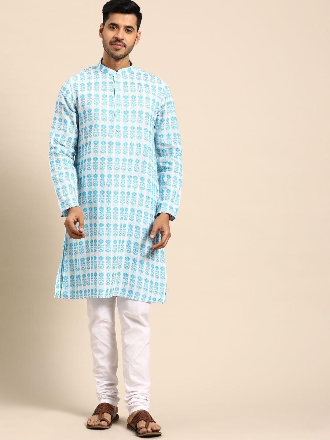 anouk men blue floral printed regular pure cotton kurta with churidar