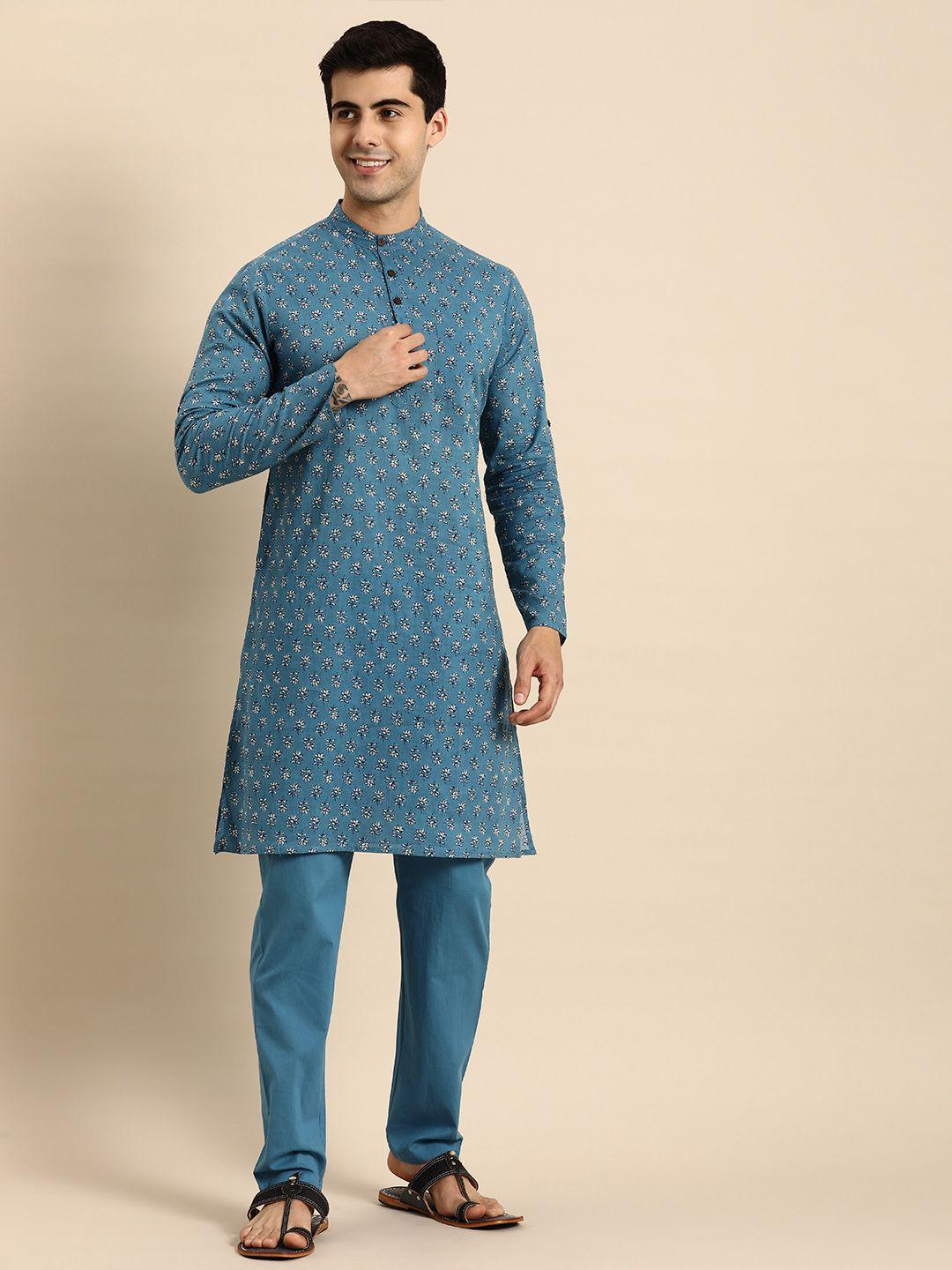 anouk men blue printed pure cotton kurta with trousers