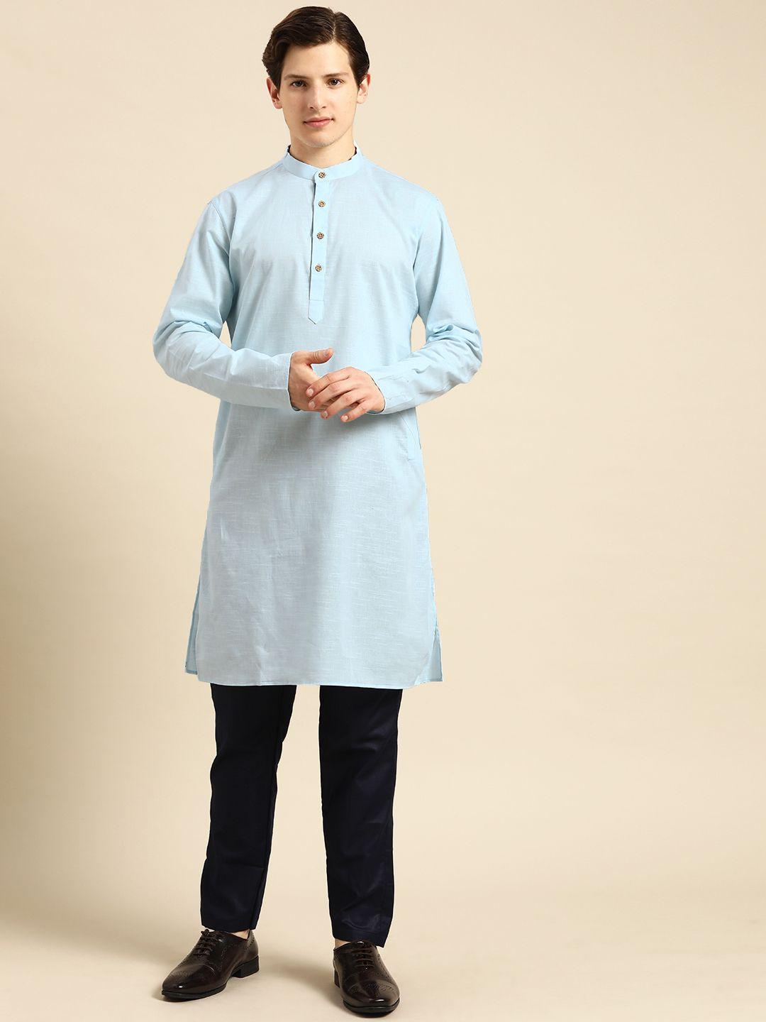 anouk men blue solid kurta with trousers