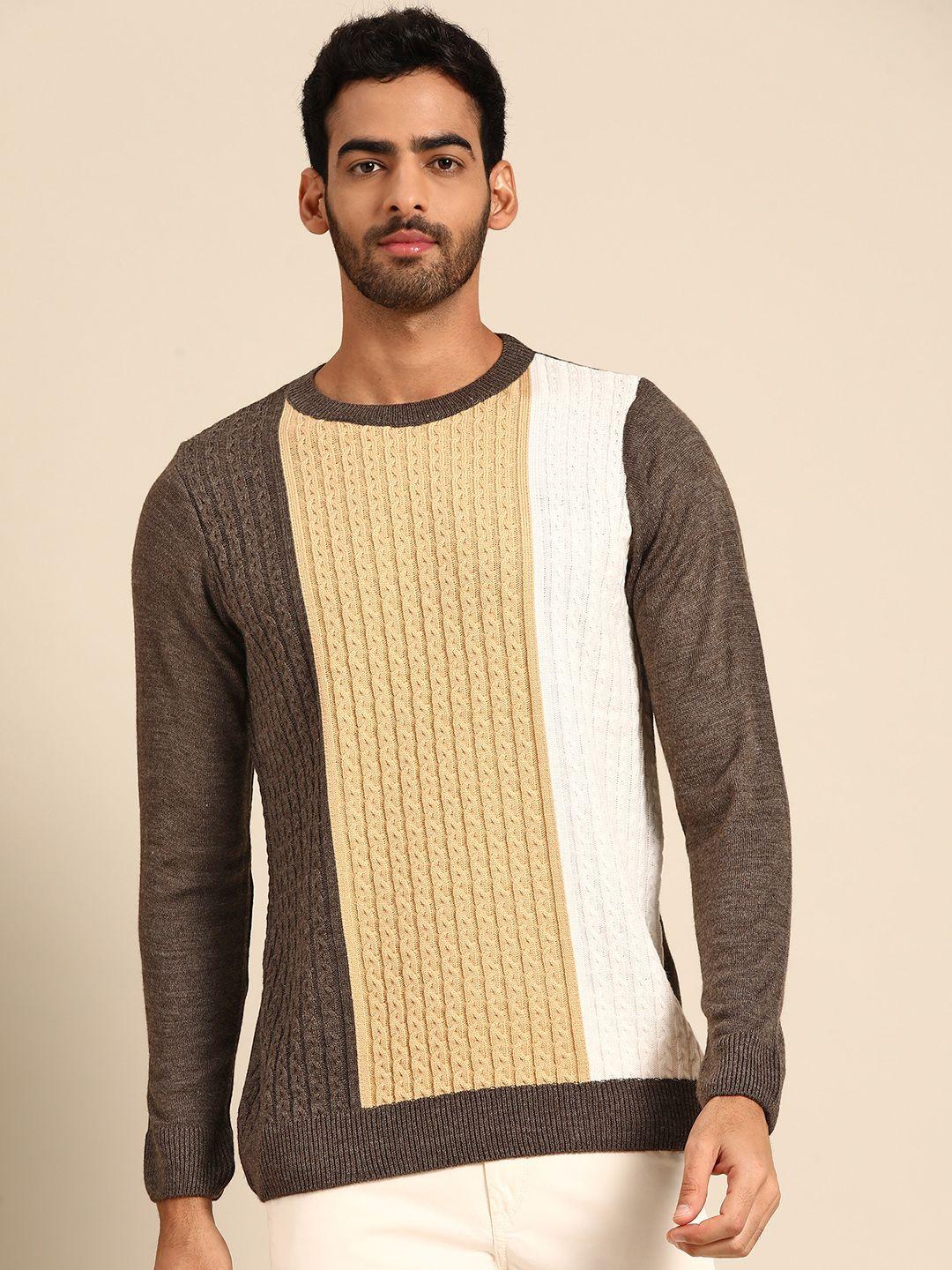 anouk men brown & beige cable knit colourblocked pullover