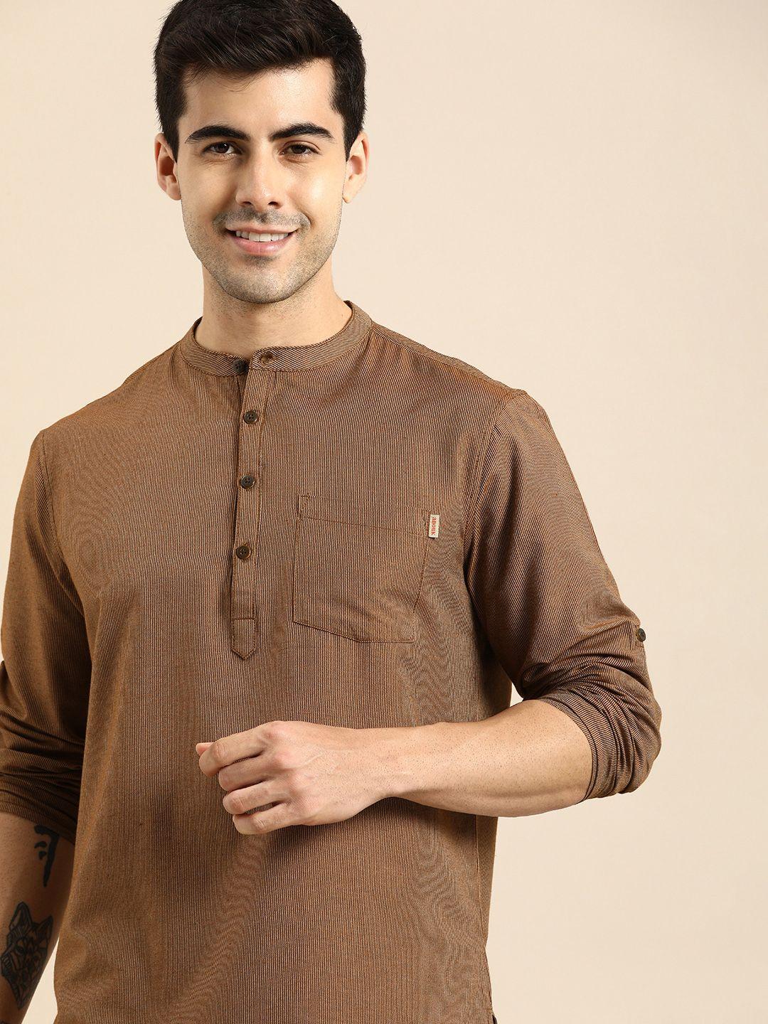 anouk men brown striped kurta