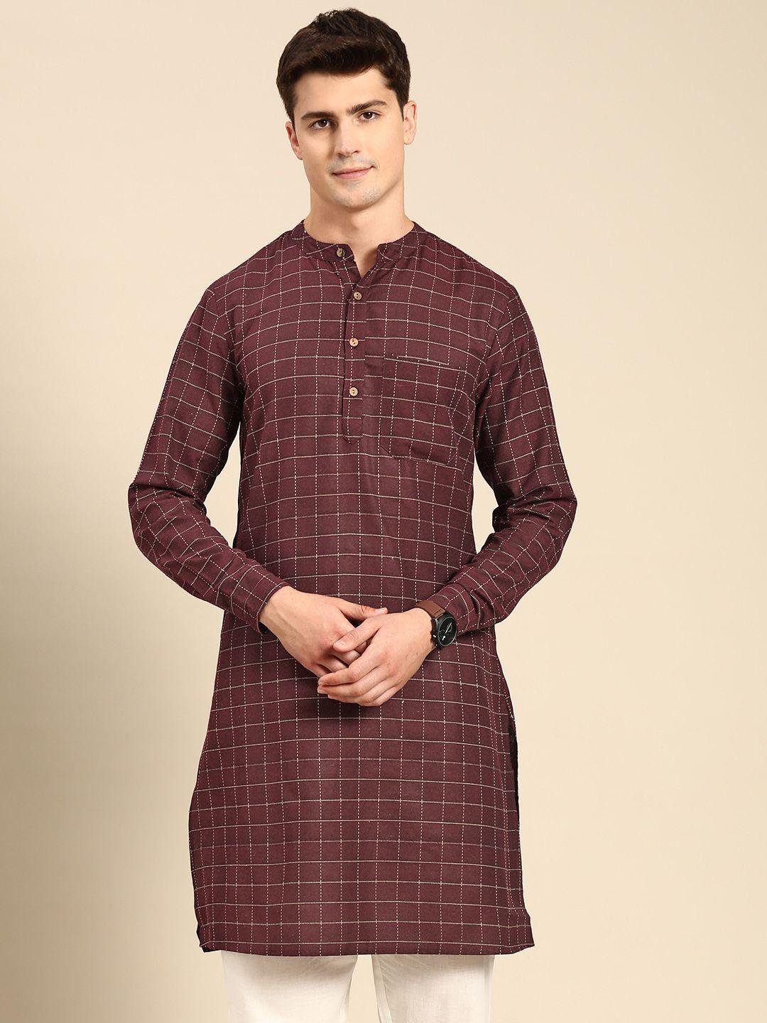 anouk men burgundy & beige embroidered thread work kurta