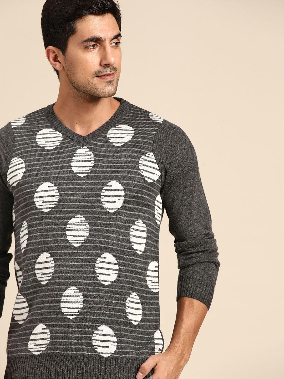 anouk men charcoal grey & white self-design pullover