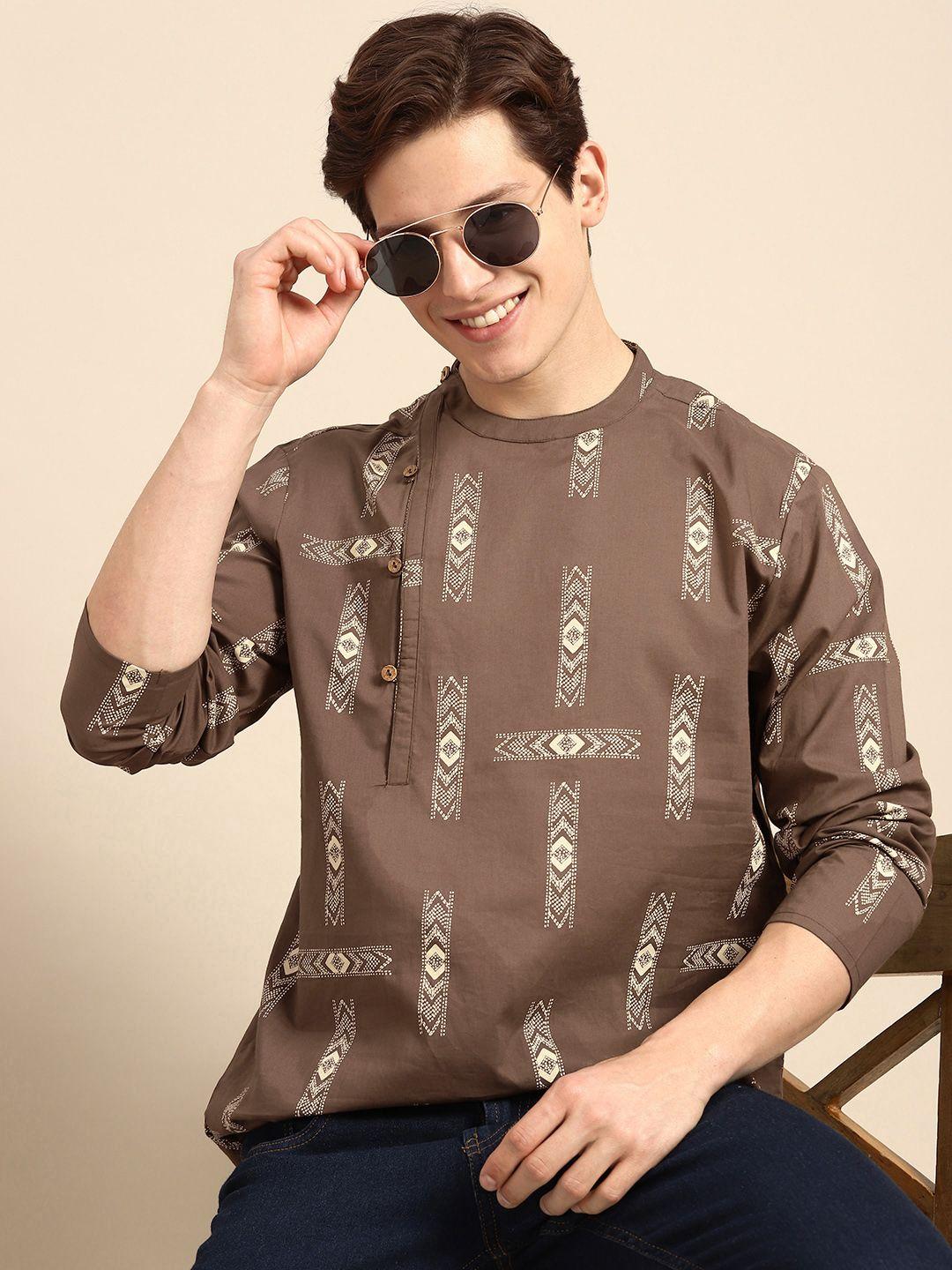 anouk men coffee brown & off white pure cotton geometric printed asymmetric kurta