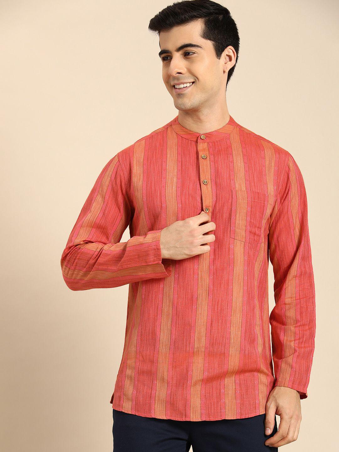 anouk men coral striped kurta