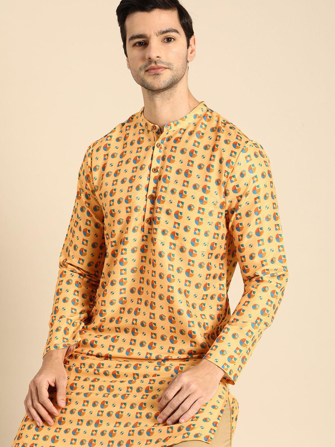 anouk men cream-coloured & blue geometric printed kurta