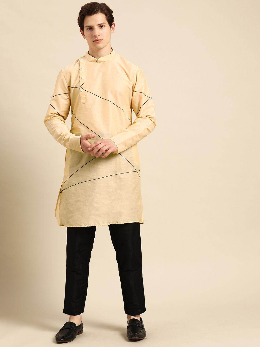 anouk men cream-coloured embroidered kurta with trousers