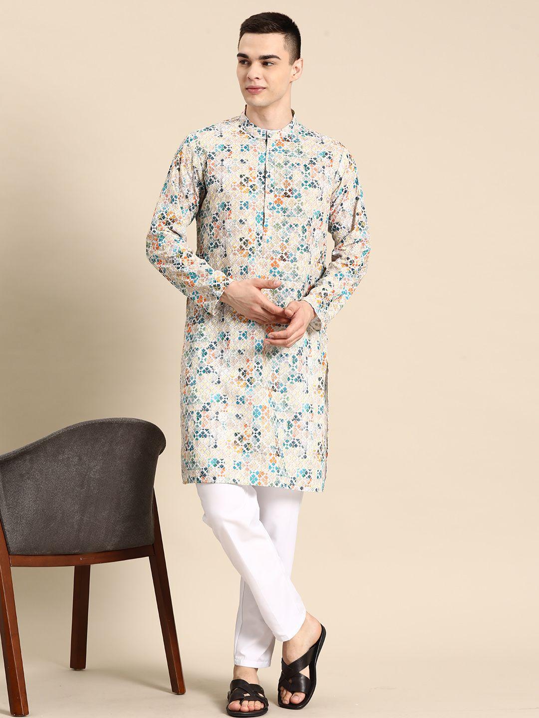 anouk men embroidered regular sequinned pure cotton kurta with pyjamas