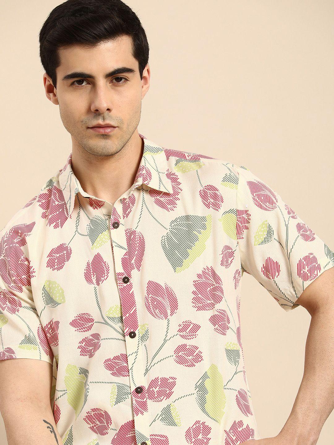 anouk men floral printed spread collar short sleeves casual shirt