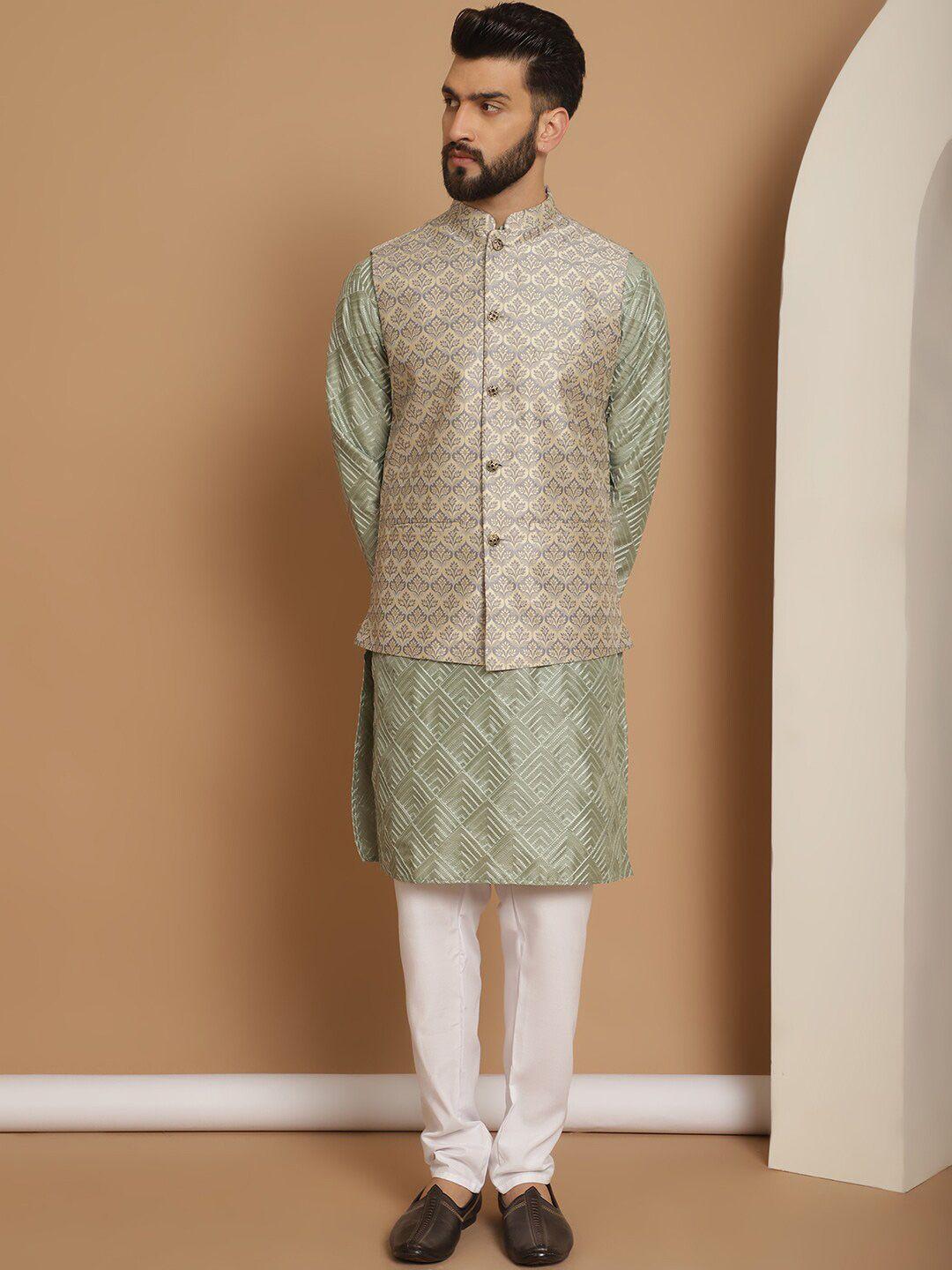 anouk men geometric embroidered thread work straight kurta with churidar & nehru jacket