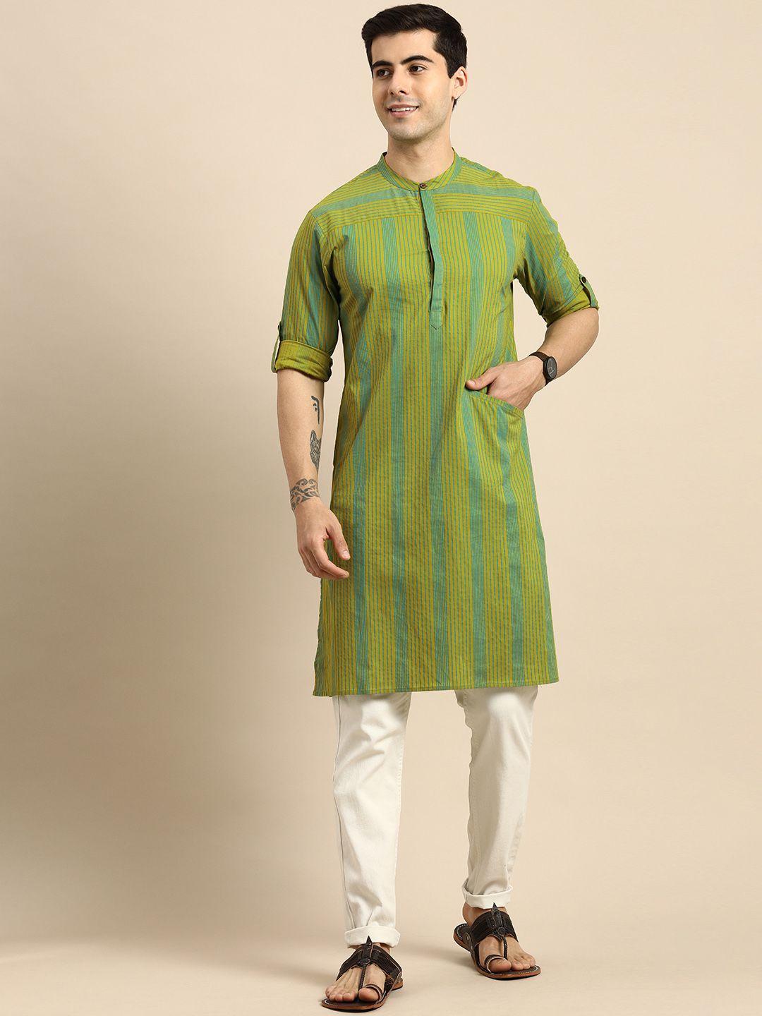 anouk men green & blue striped kurta