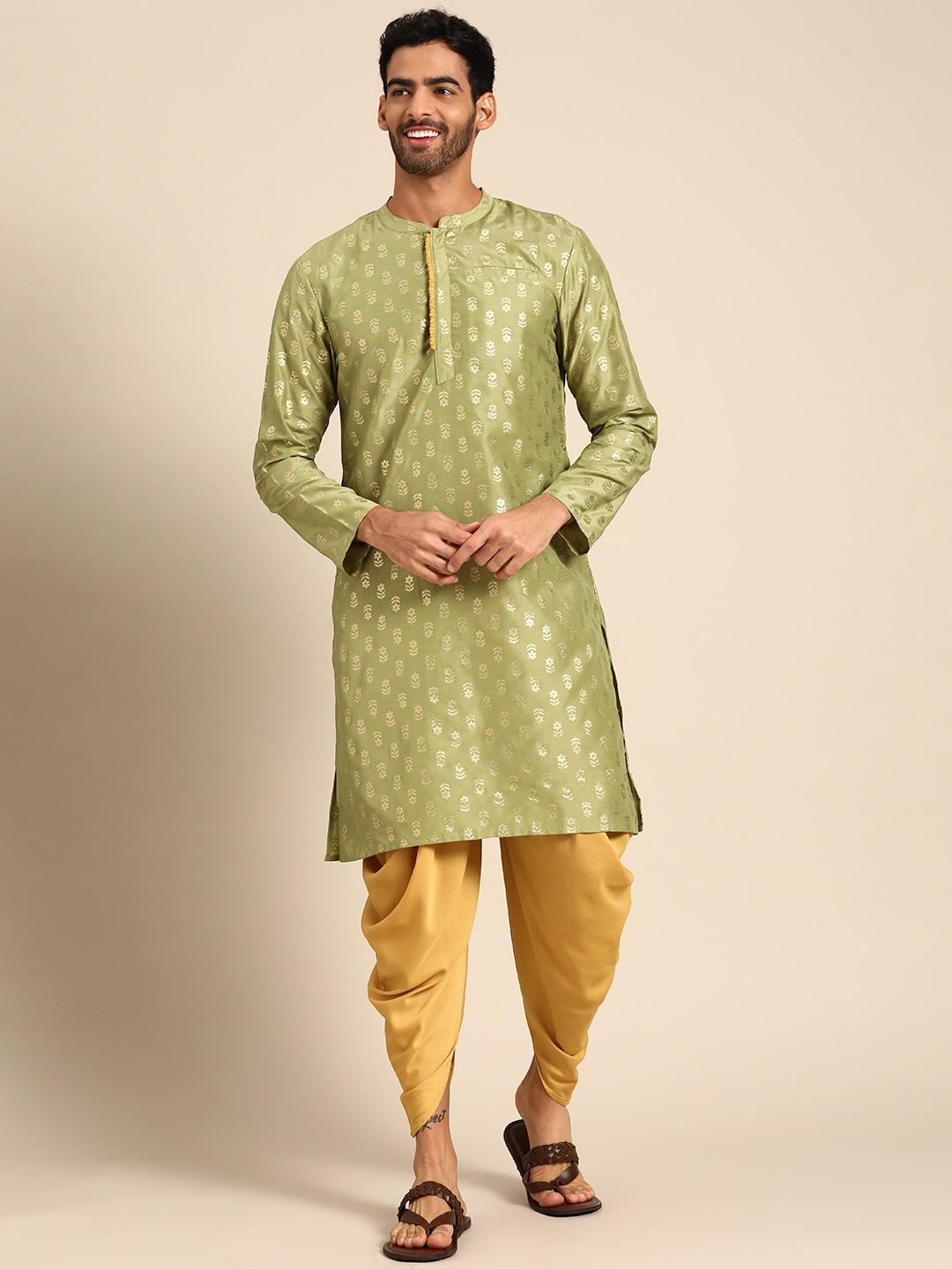 anouk men green & gold ethnic motifs printed kurta with dhoti pants