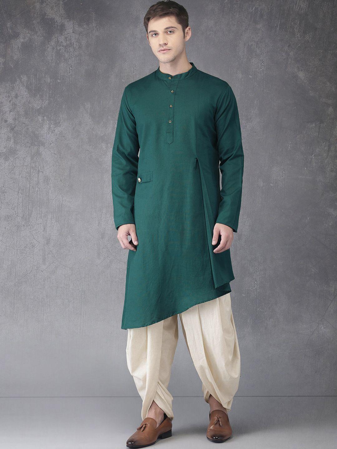 anouk men green & off-white solid kurta with dhoti pants
