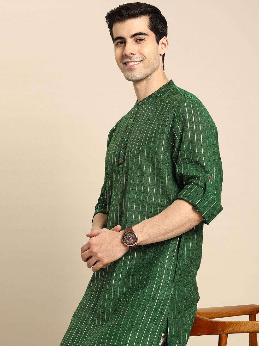 anouk men green & silver-toned zari striped kurta