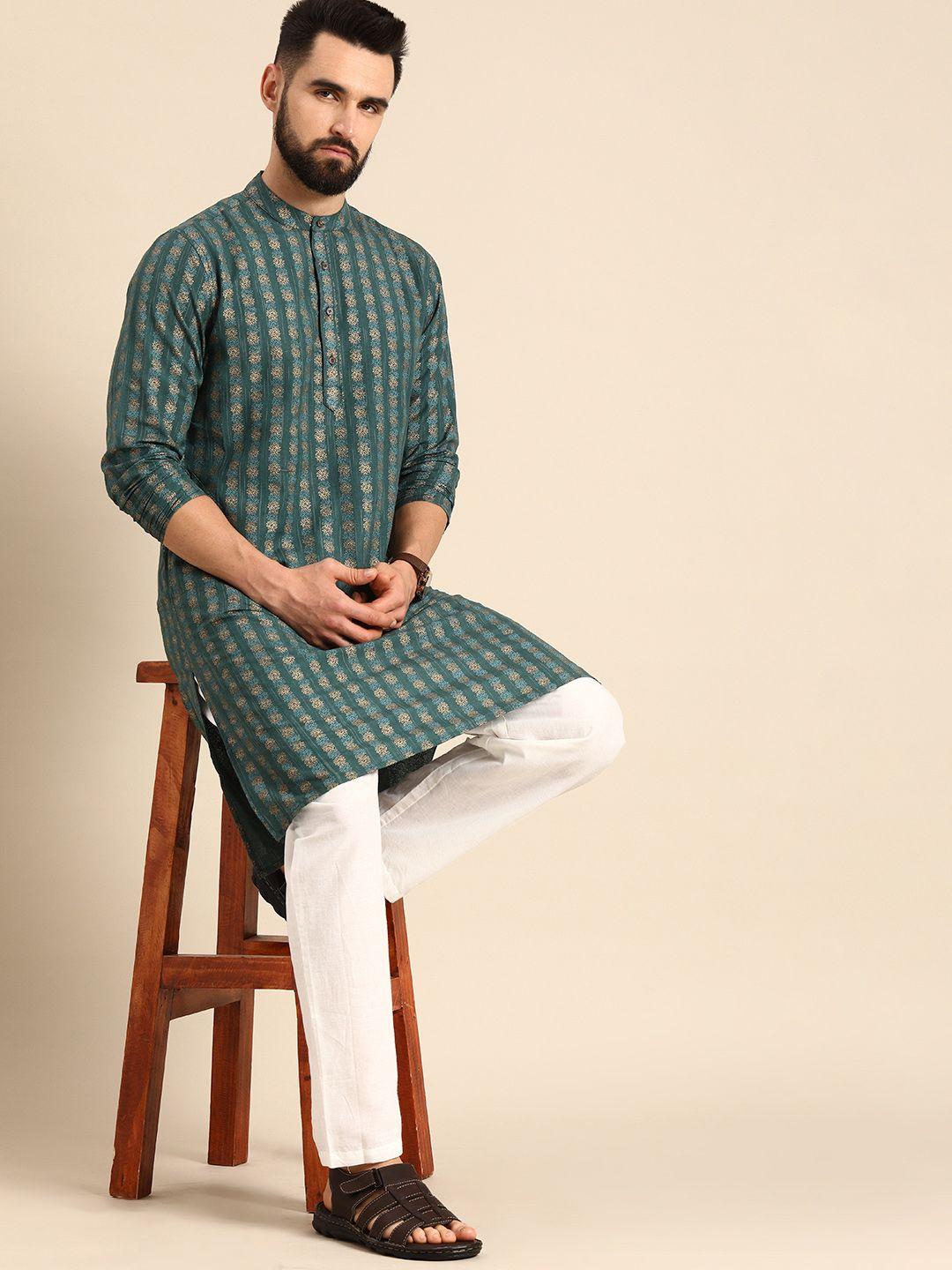 anouk men green & white floral printed pure cotton kurta with trousers