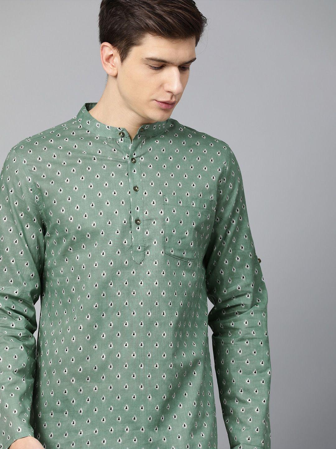anouk men green & white printed cotton straight kurta