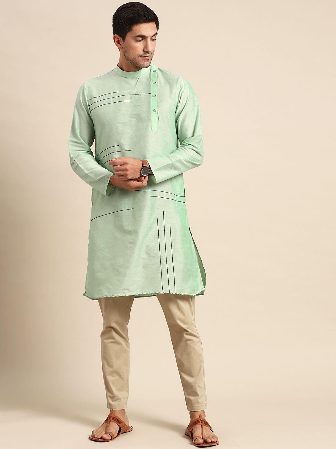 anouk men green geometric embroidered cotton silk kurta