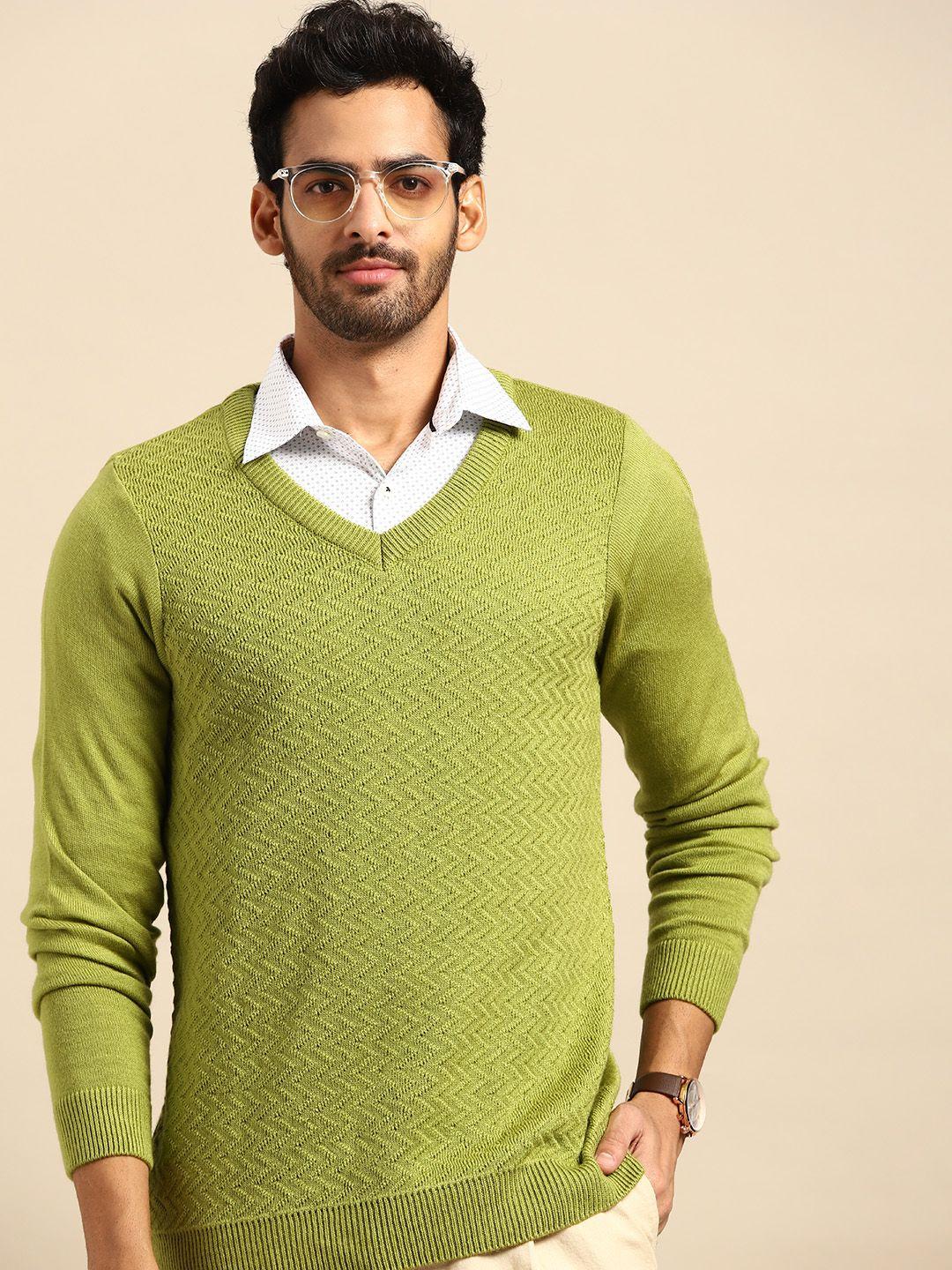 anouk men green self-design chevron pullover