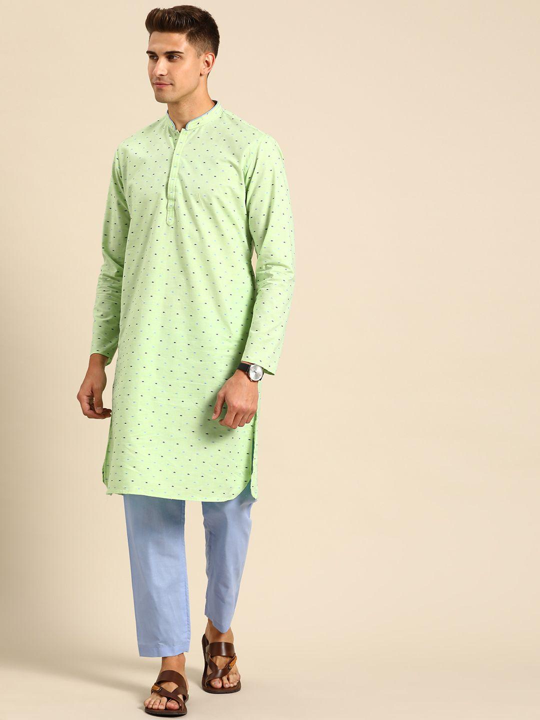 anouk men green woven design pure cotton kurta with pyjamas