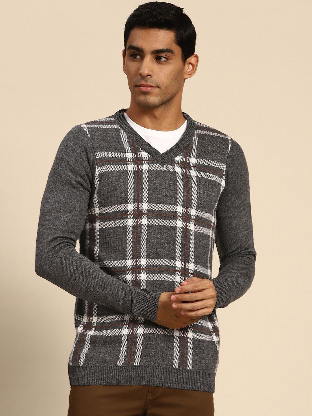 anouk men grey & off white acrylic checked pullover