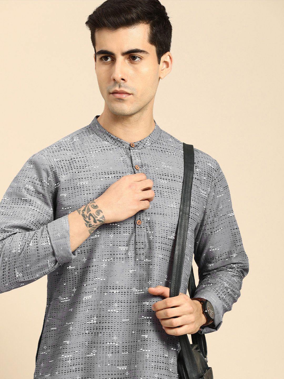 anouk men grey & white geometric printed kurta