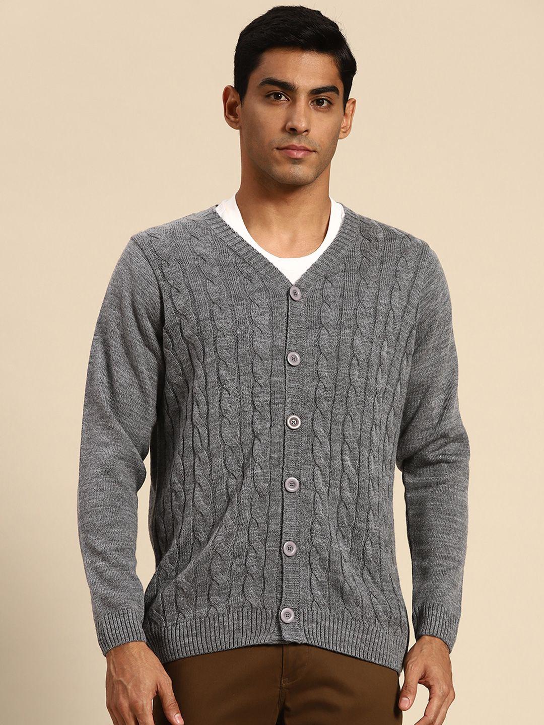 anouk men grey melange cable knit cardigan