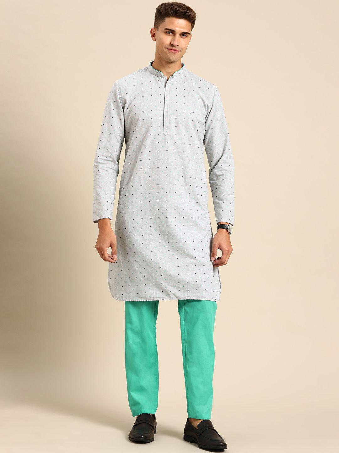 anouk men grey woven design pure cotton kurta with pyjamas