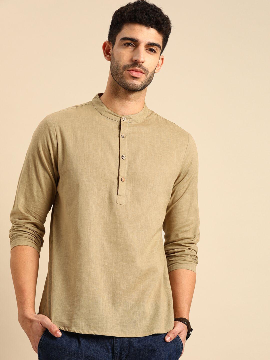 anouk men khaki pure cotton daily wear waist length kurta