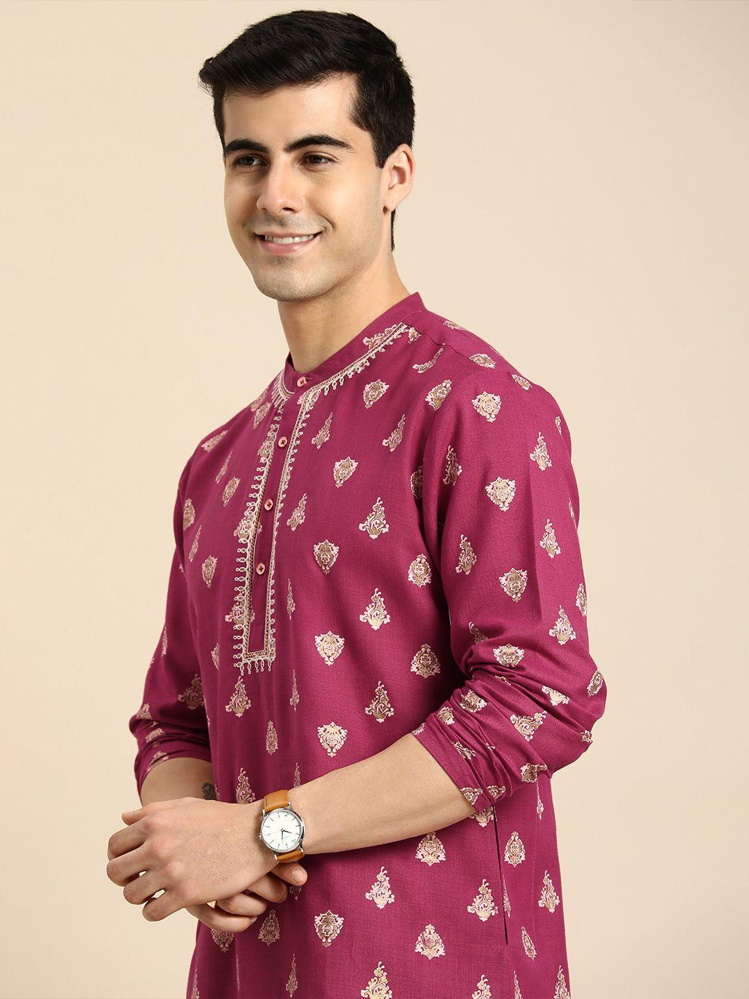 anouk men magenta ethnic motifs printed kurta