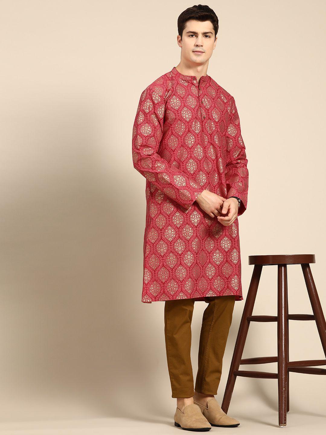 anouk men maroon & golden ethnic motifs print kurta