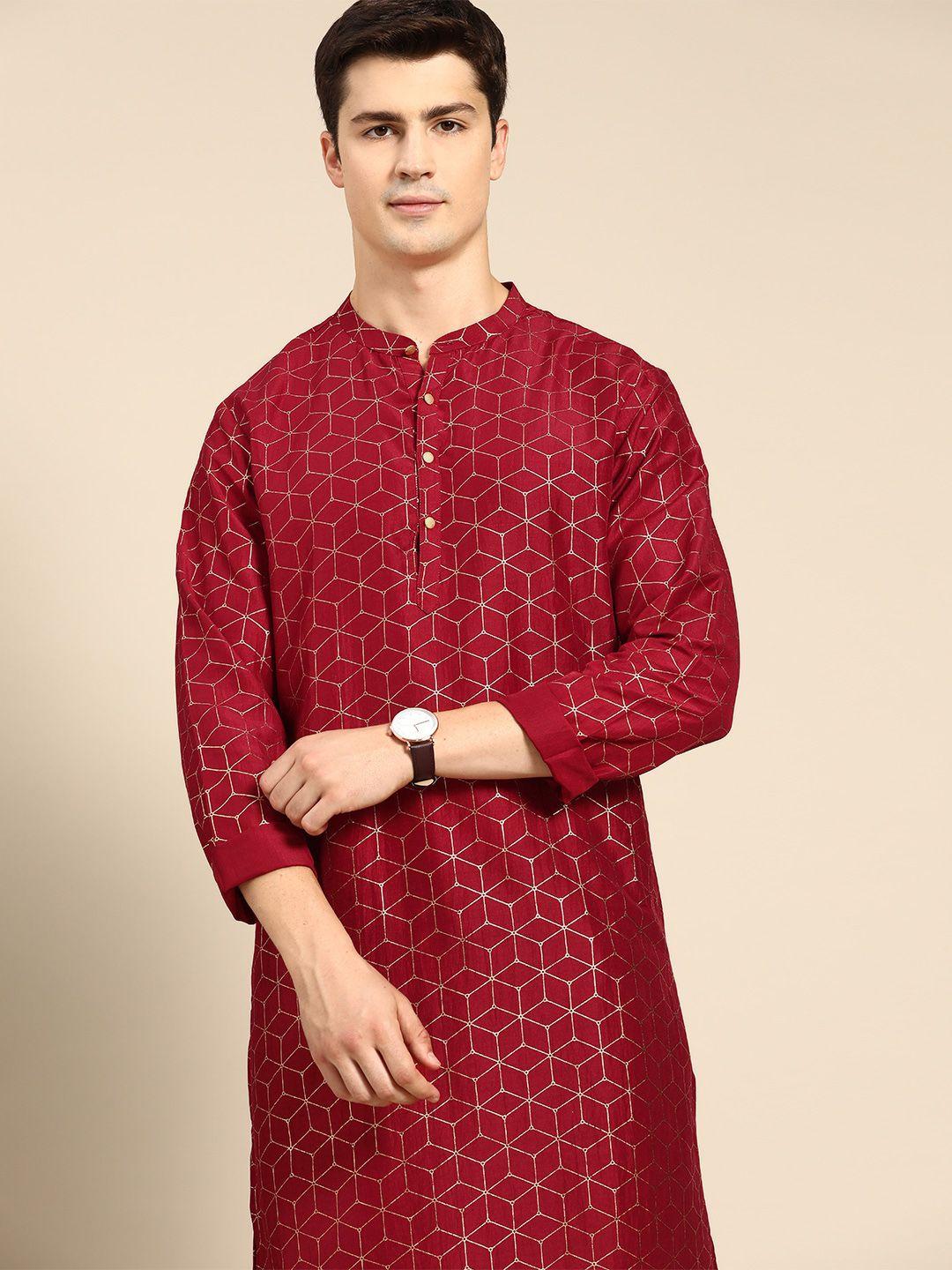 anouk men maroon & golden geometric printed kurta