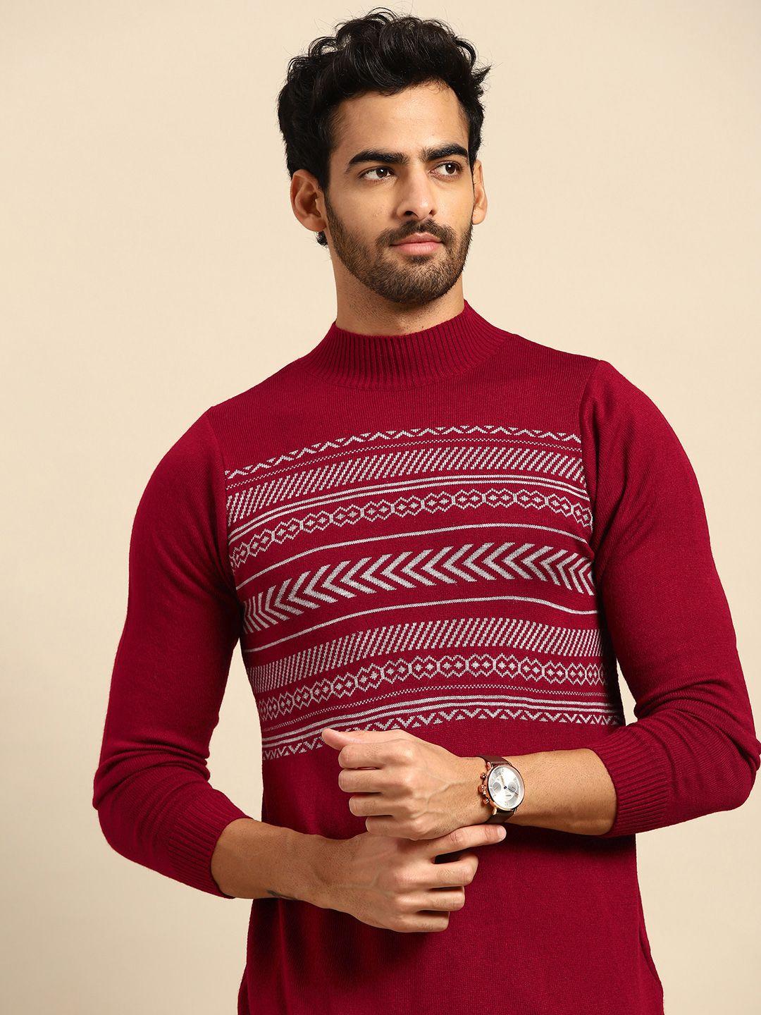 anouk men maroon & grey acrylic geometric pattern sweater