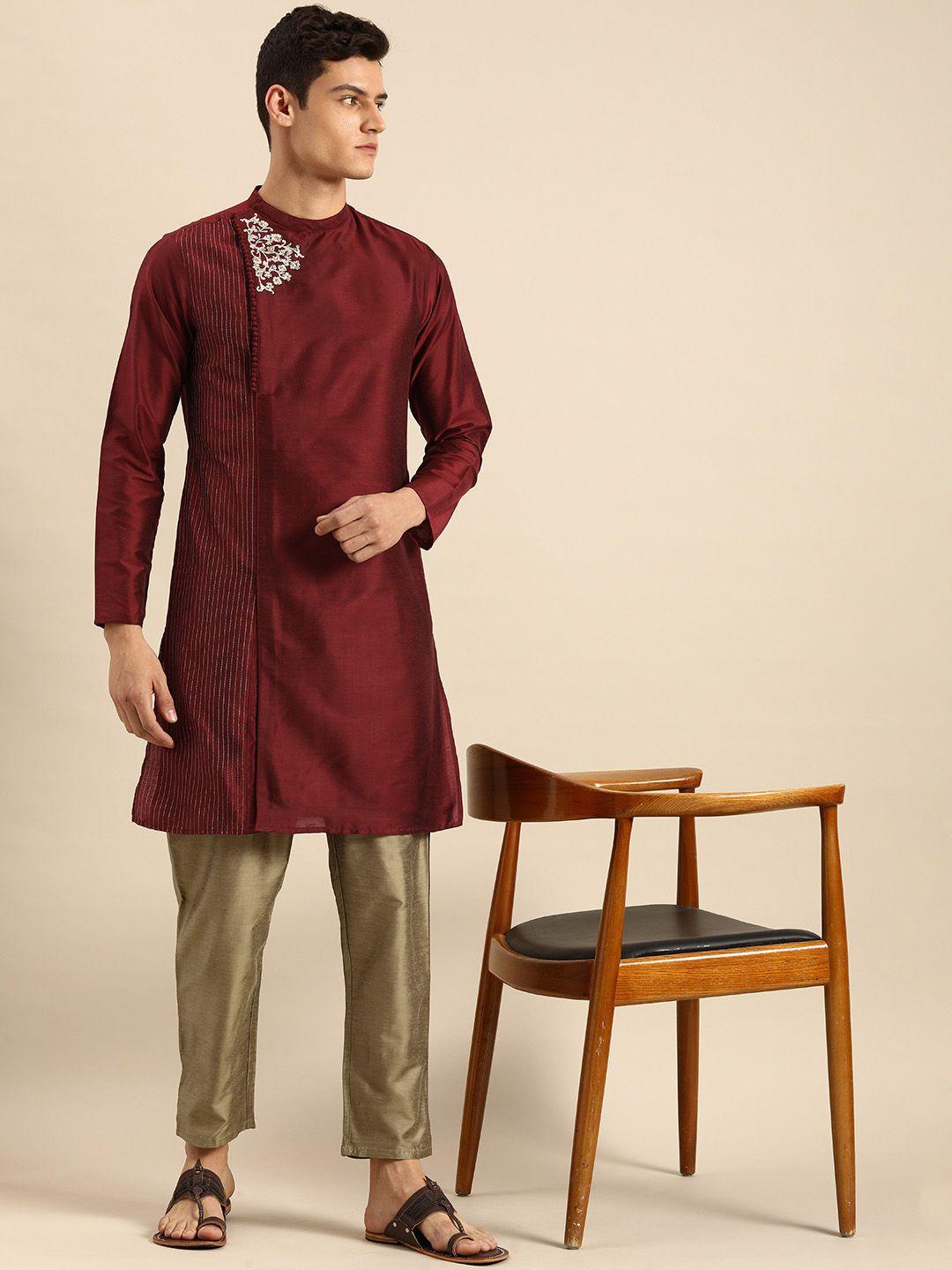 anouk men maroon embroidered angrakha thread work kurta with beige trousers