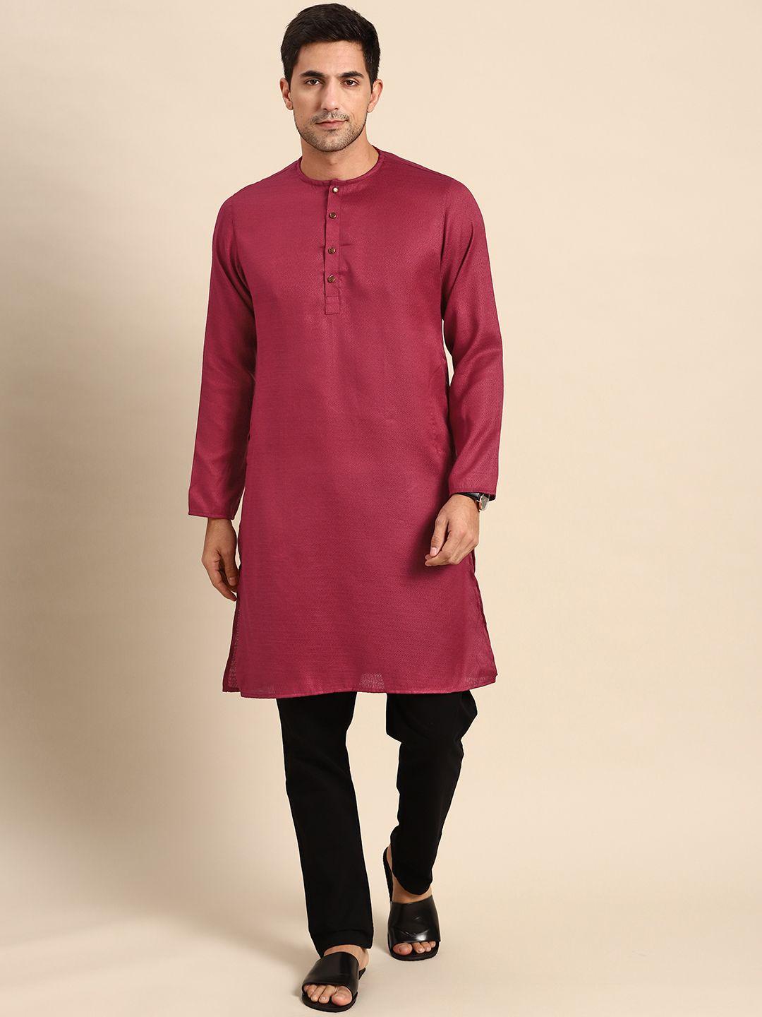 anouk men maroon embroidered cotton silk kurta