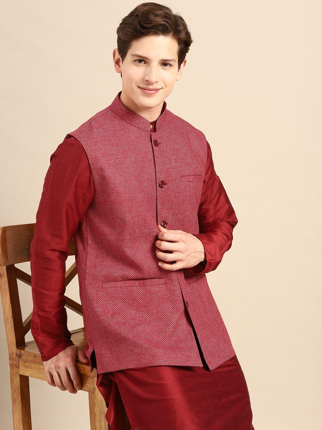 anouk men maroon solid straight sustainable kurta pyjamas with woven design nehru jacket