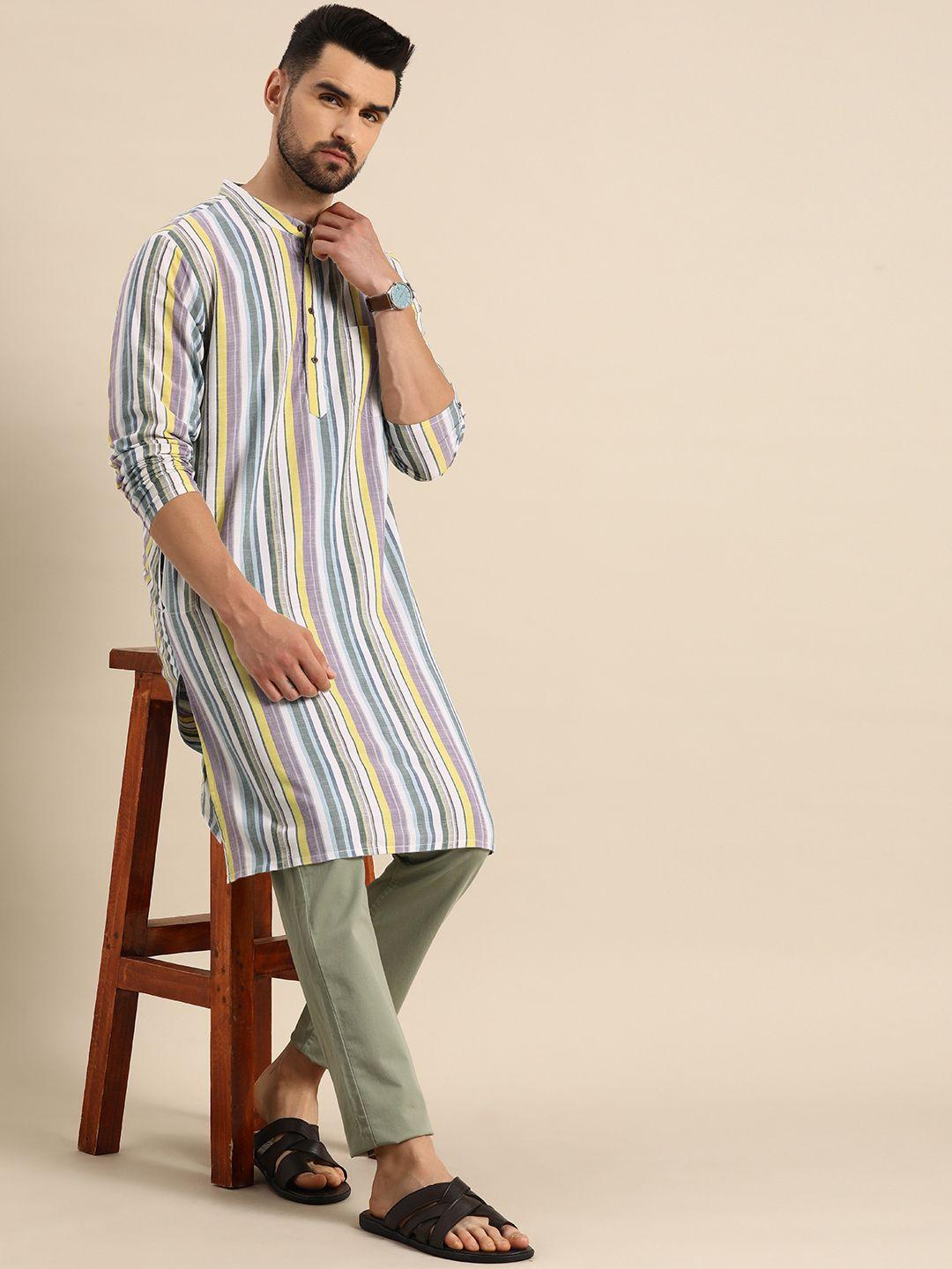 anouk men multicoloured striped pure cotton kurta