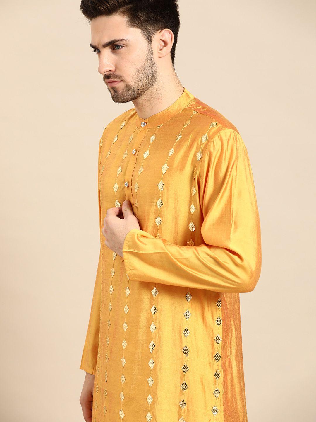 anouk men mustard yellow & golden embellished kurta