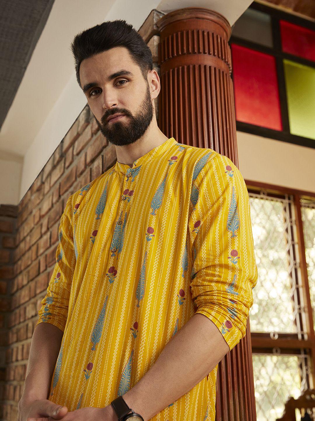 anouk men mustard yellow & off-white printed pure cotton kurta with trousers