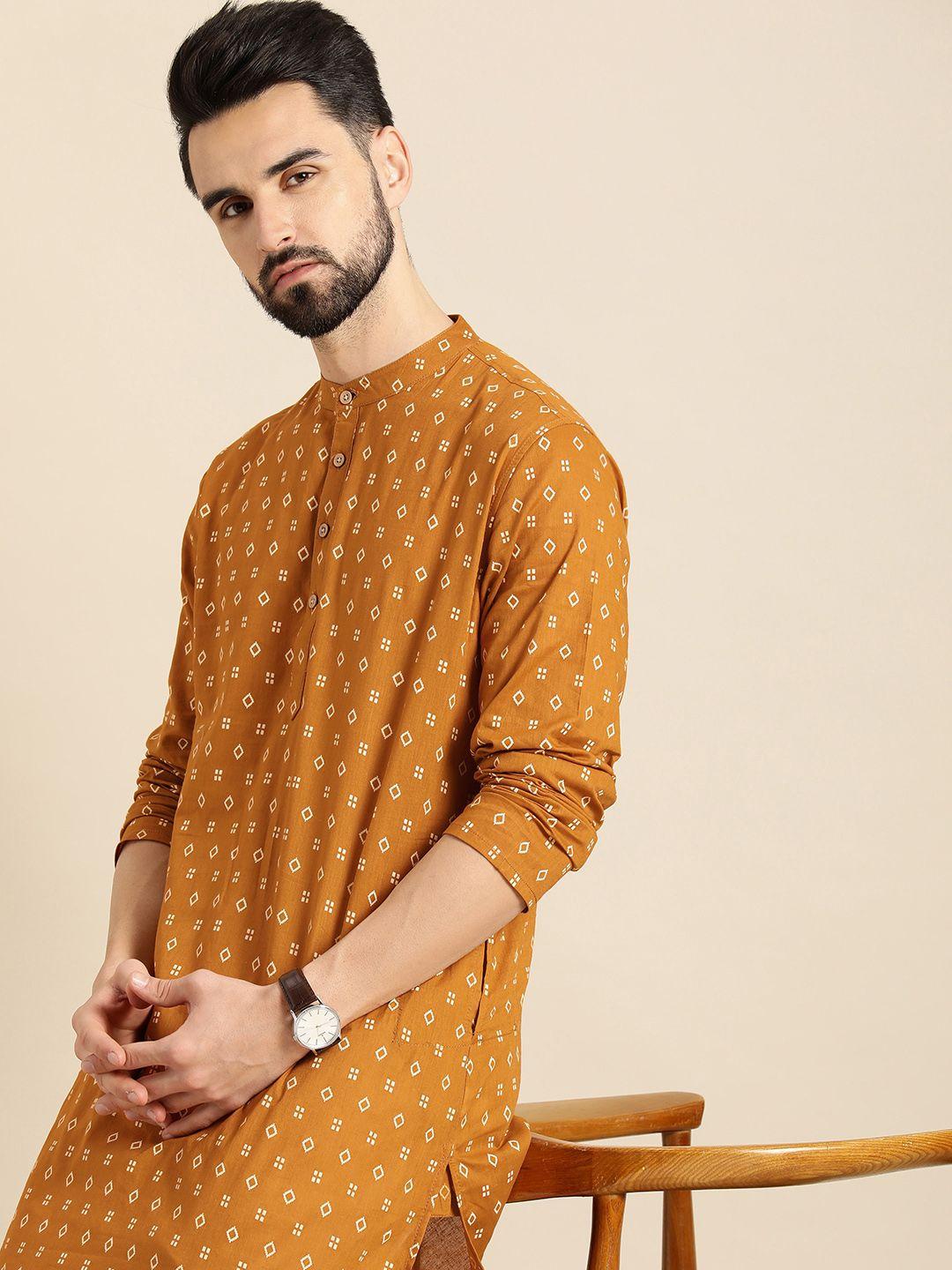 anouk men mustard yellow & white geometric printed kurta