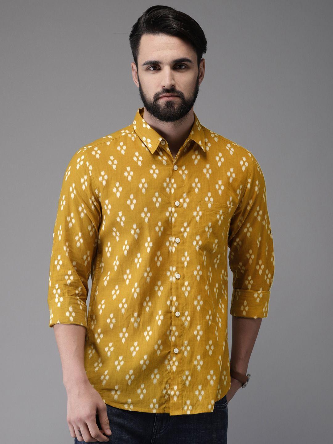 anouk men mustard yellow & white regular fit printed casual shirt