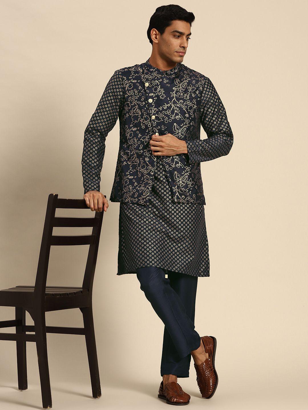 anouk men navy blue & golden ethnic motifs printed kurta with trousers & nehru jacket