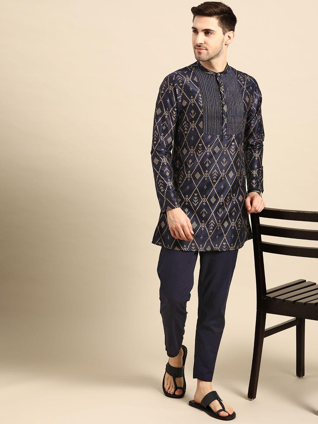 anouk men navy blue & golden ethnic motifs printed straight kurta with trousers