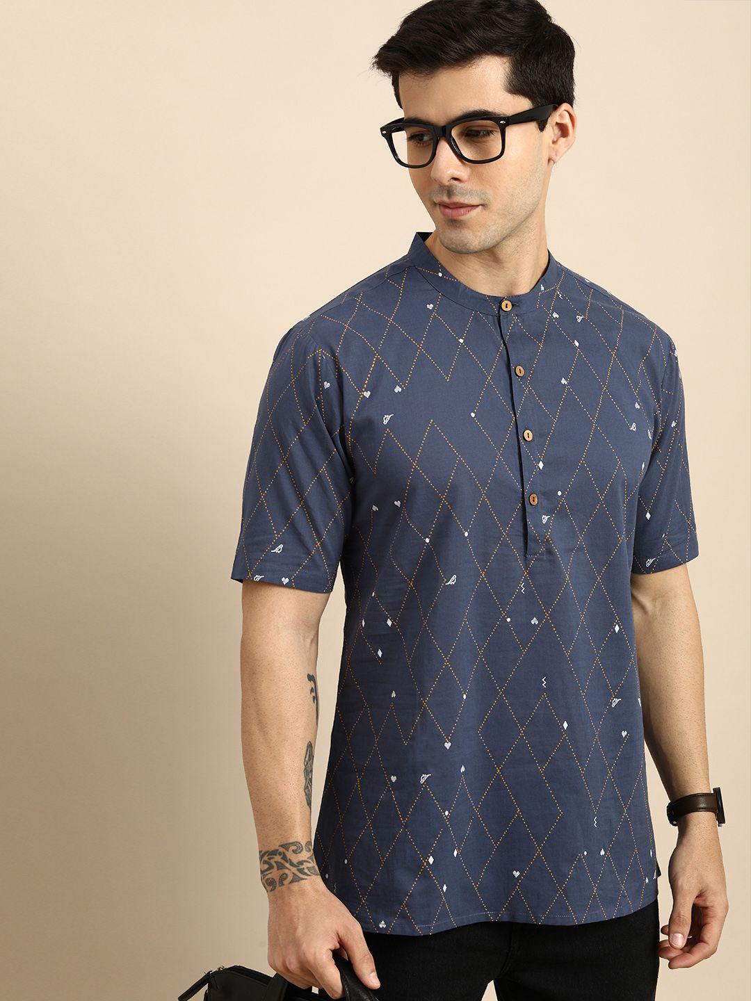 anouk men navy blue & white geometric printed kurta