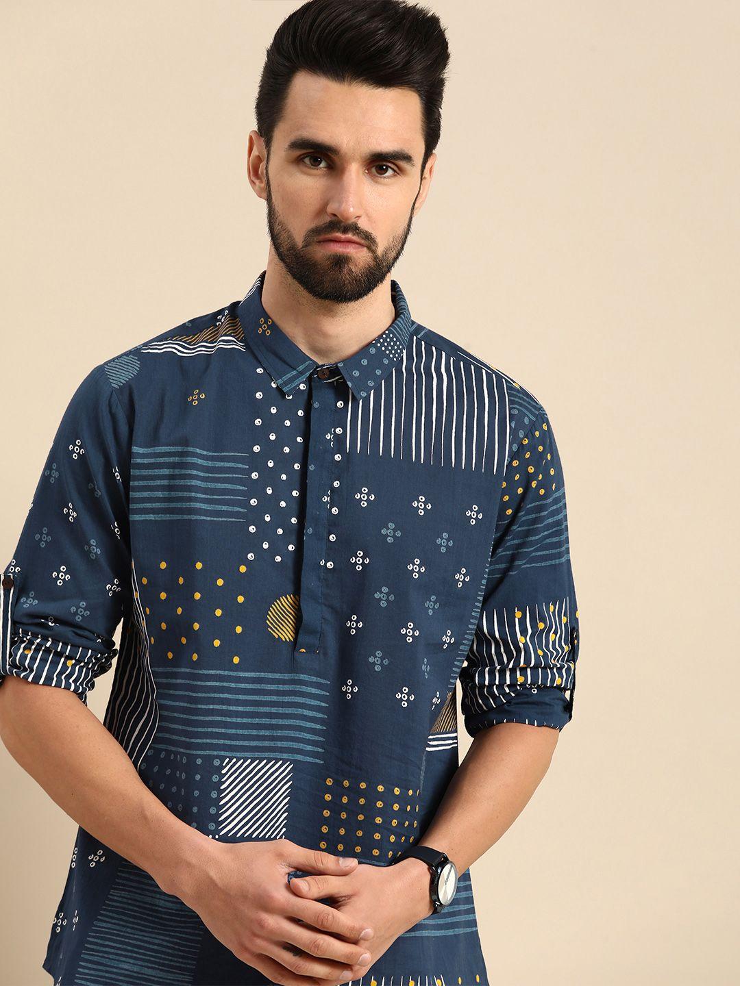 anouk men navy blue & white geometric printed pure cotton kurta